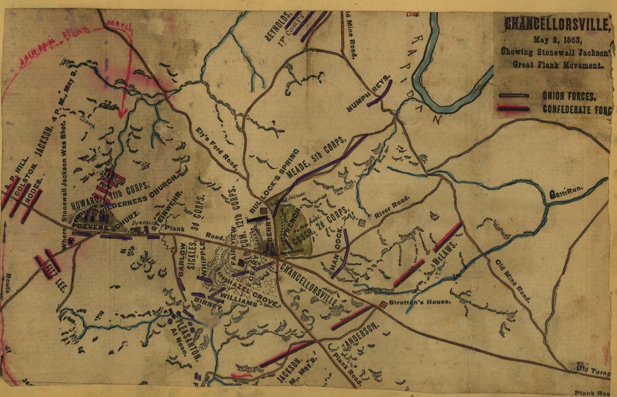 钱塞勒斯维尔，1863 年 5 月 2 日，显示石墙杰克逊的大规模侧翼运动 LOC gvhs01.vhs00287 作者 罗伯特·诺克斯·斯登