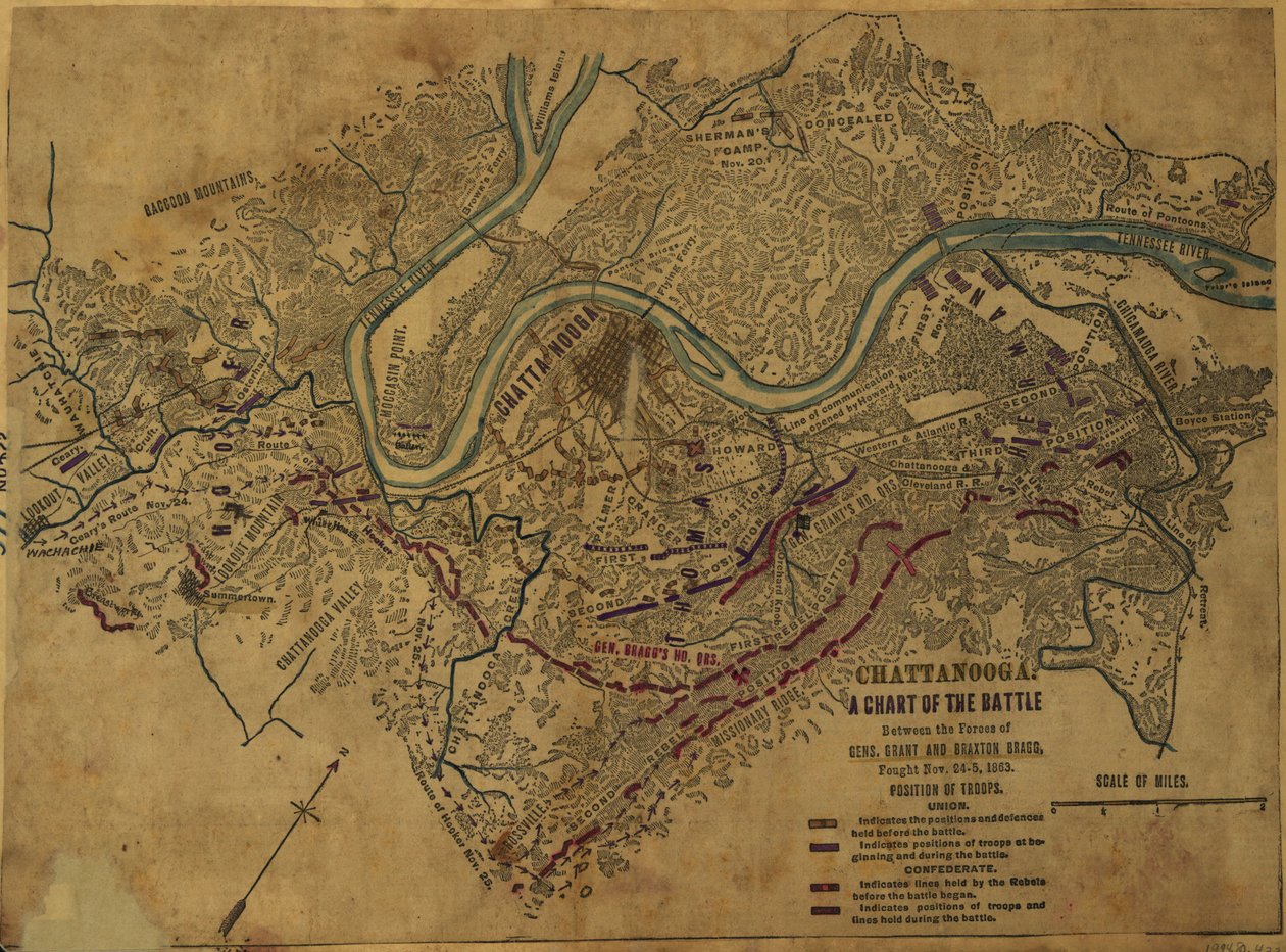 查塔努加 格兰特将军和布拉克顿-布拉格将军的部队在 1863 年 11 月 24 日至 5 日进行的战斗的示意图。格兰特将军和布拉克斯顿-布拉格将军的战役图，1863 年 11 月 24 日至 5 日。LOC gvhs01.vhs00275 作者 罗伯特·诺克斯·斯登