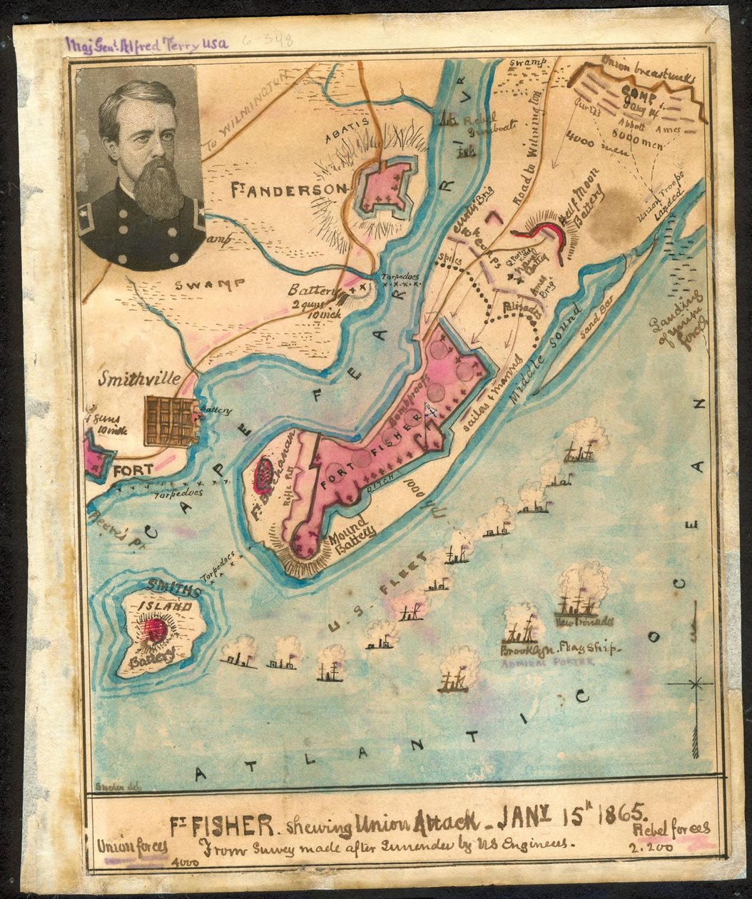 1865 年 1 月 15 日，费舍尔堡显示（原文如此）联军的进攻情况 来自美国工程师在投降后进行的勘测。LOC gvhs01.vhs00185 作者 罗伯特·诺克斯·斯登