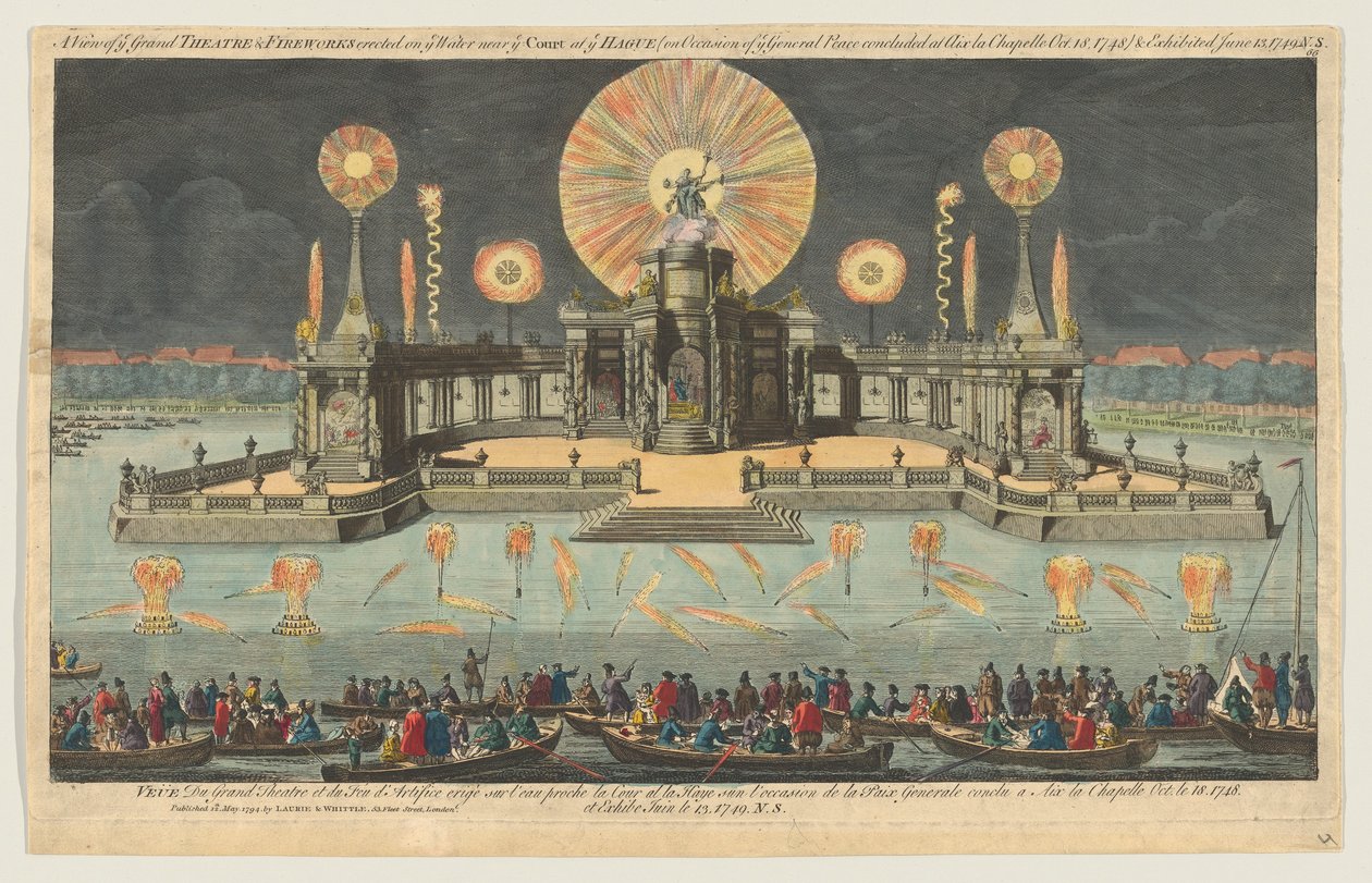 1794年10月在海牙法院附近的水面上建立的大剧院和烟花的景观。 作者 罗伯特·劳瑞