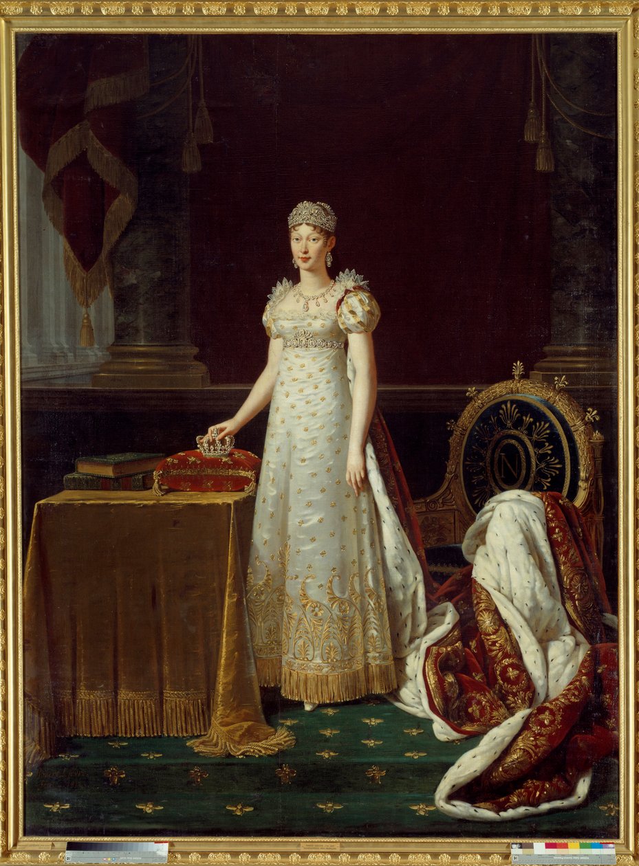 拿破仑一世之妻玛丽·路易丝 (Marie-Louise) (1791-1847) 肖像，代表帝国摄政王，佩戴拿破仑 1812 年捐赠的 Chaumet 钻石套装——在她身后，装饰着帝国风格的扶手椅 拿破仑的“N” 作者 罗伯特·勒菲佛尔