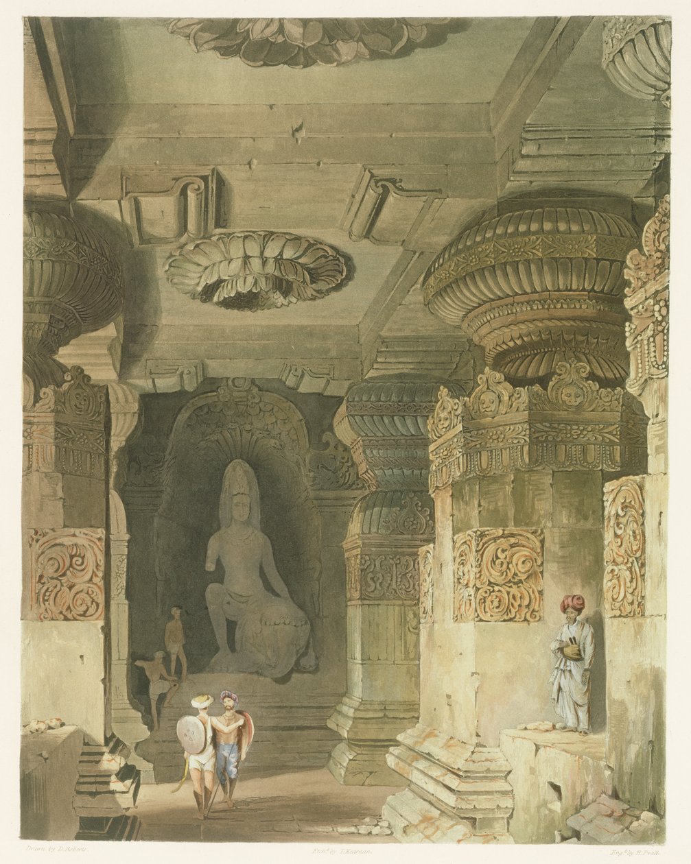 Ellora的Indra Subba洞穴寺庙的内部，来自印度风景，服饰和建筑的第二卷，由David Kebean（1796-1864）绘制，由Thomas Kearnan（fl.1821-50）和engrav蚀刻 作者 罗伯特·梅尔维尔·格林德利