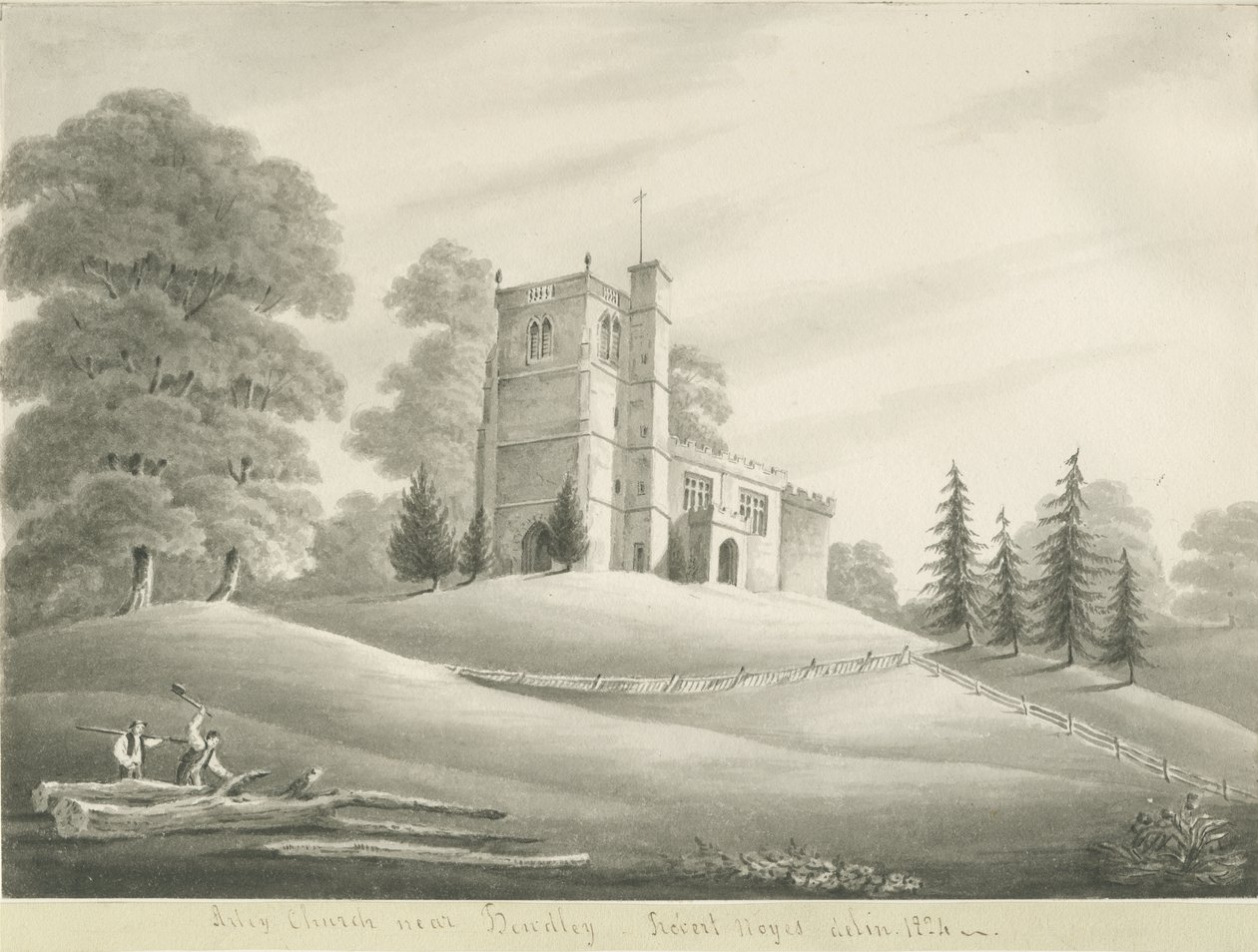 Arley教堂：棕褐色绘画，1824年 作者 罗伯特·诺伊斯