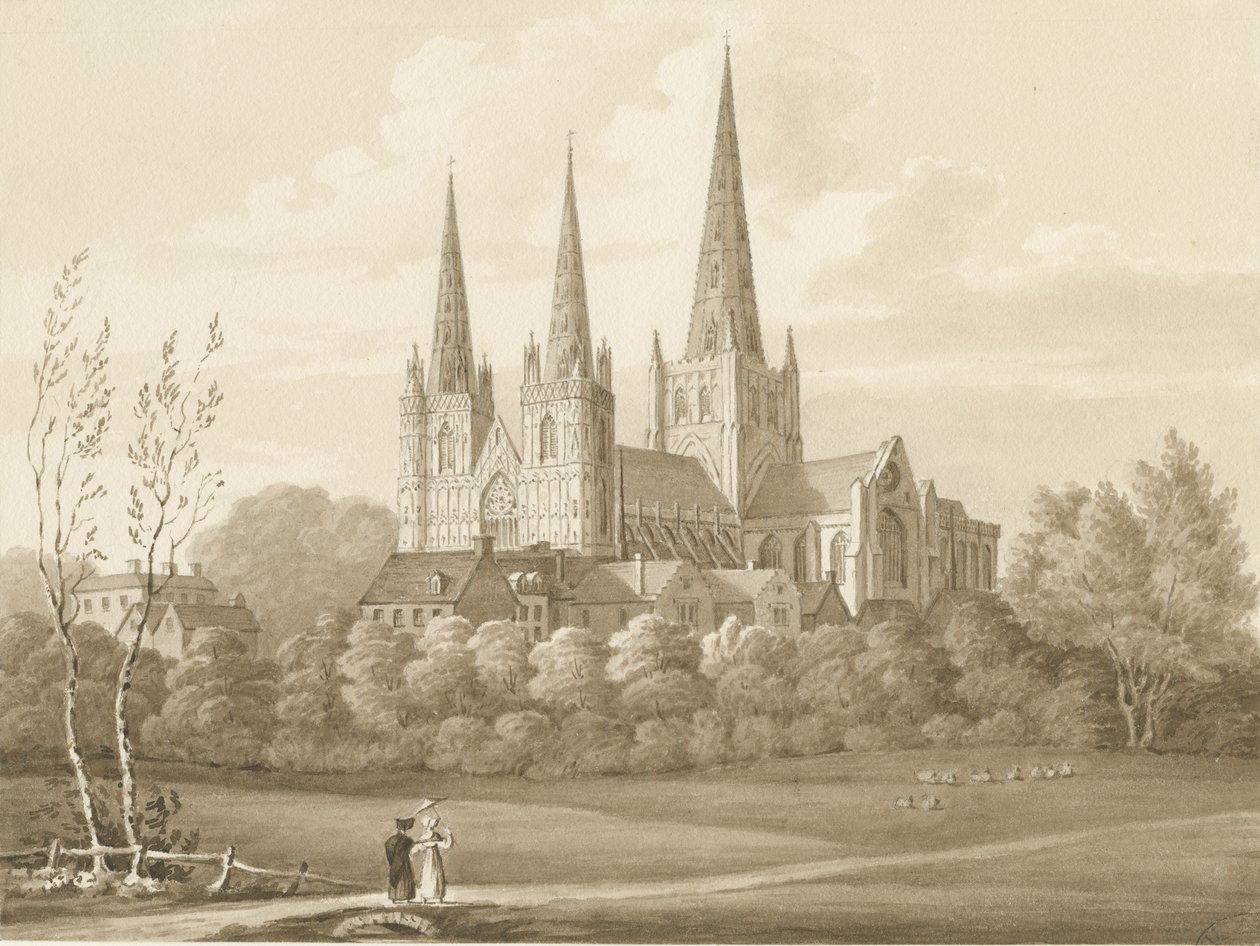 利奇菲尔德大教堂（Lichfield Cathedral）-西西南视图：棕褐色绘图 作者 罗伯特·诺伊斯