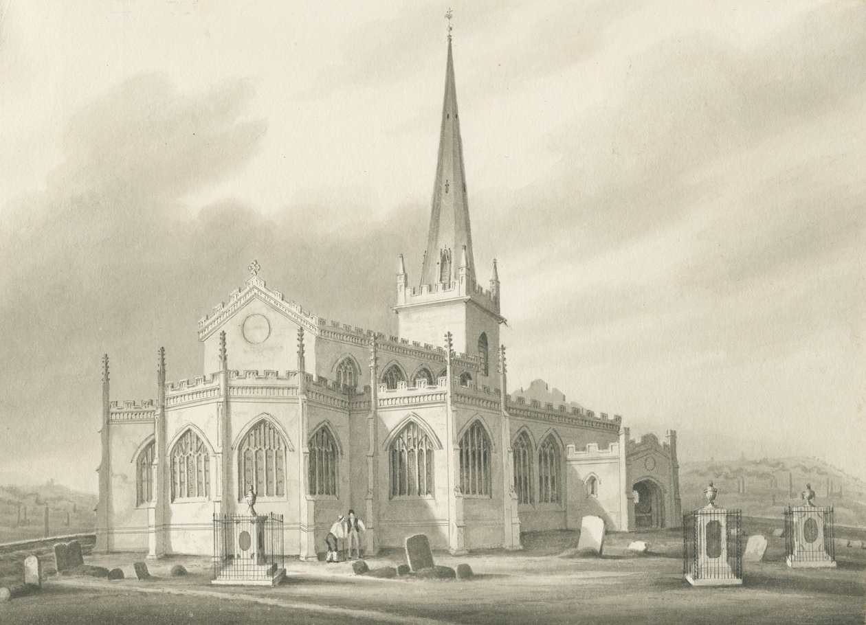 Wednesbury-圣巴塞洛缪教堂：棕褐色水洗图，nd [1827]（绘制） 作者 罗伯特·诺伊斯