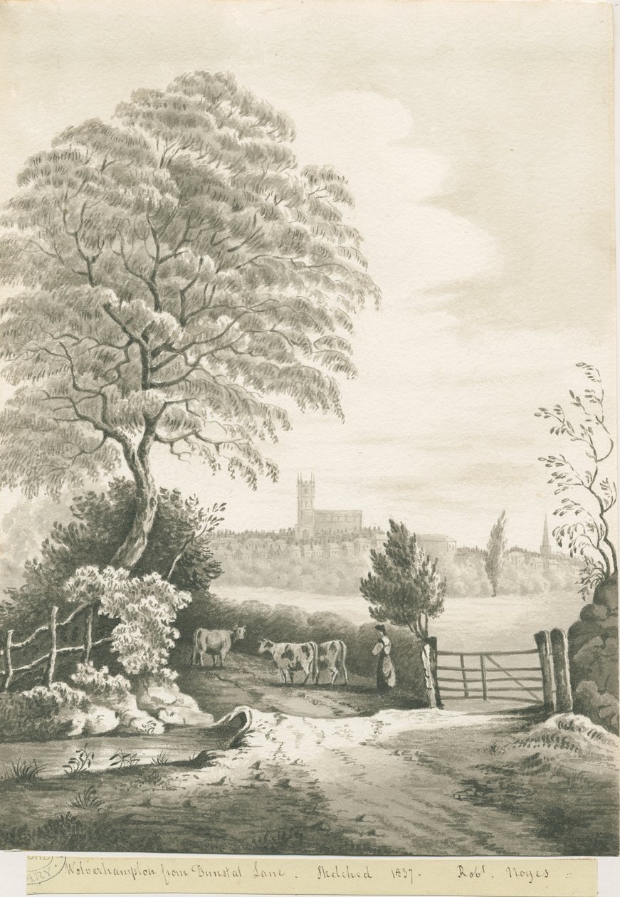 伍尔弗汉普顿-Dunstall Lane的远景：棕褐色水墨画，1837年 作者 罗伯特·诺伊斯