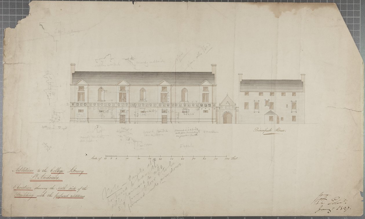 1827年大学图书馆的建筑图纸（铅笔和纸上的wc） 作者 罗伯特·佩顿·里德