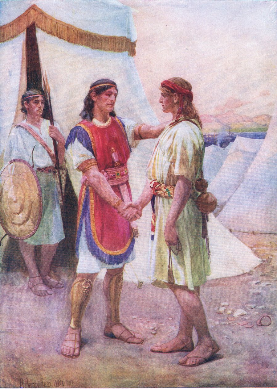 大卫和乔纳森，来自托马斯·纳尔逊出版的圣经图画书，约 1950 年（石版印刷） 作者 罗伯特·佩顿·里德