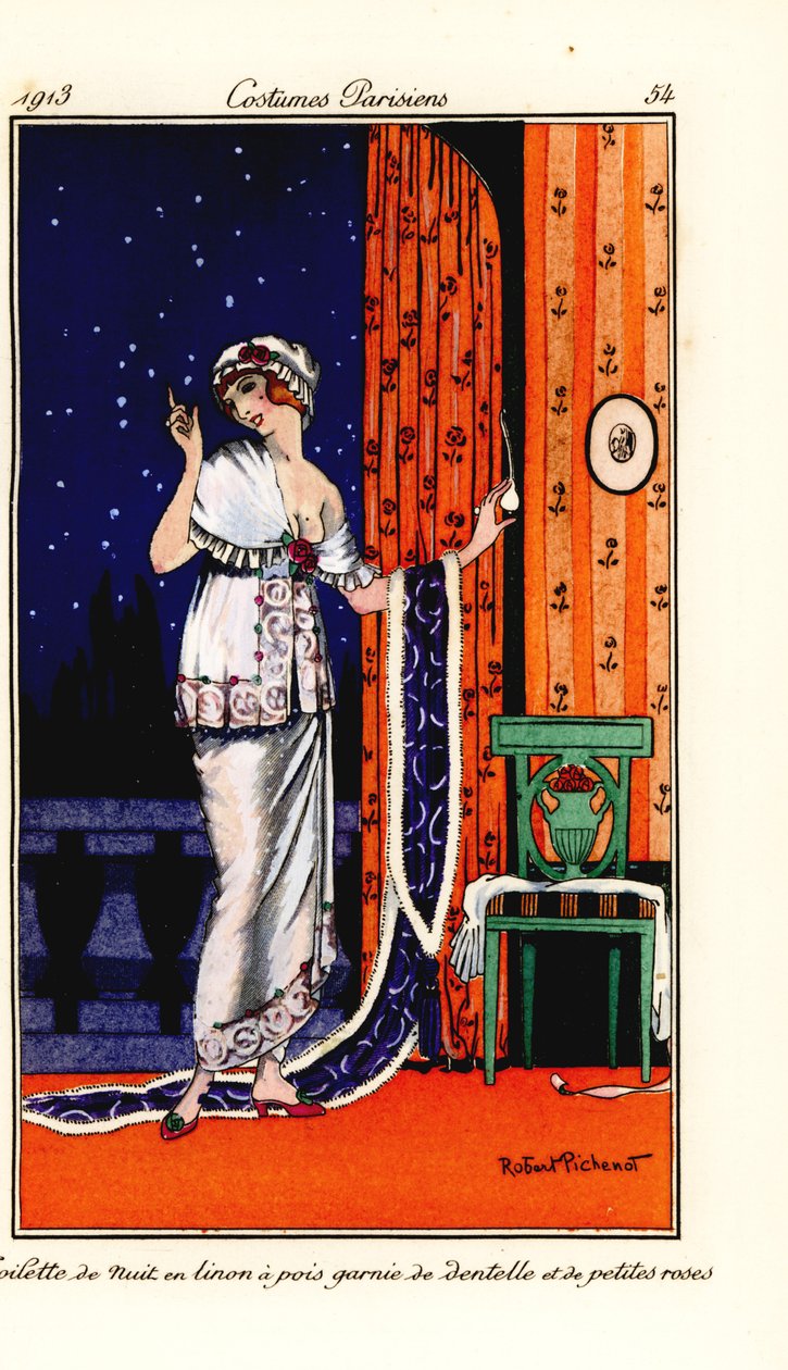 穿着圆点亚麻布晚礼服的女人，饰有花边和玫瑰。 Toilette de nuit en linon a pois garnie de dentelle et de petites roses。 来自 Tommaso Antongini 的 Journa 的 Robert Pichenot 插图后的手绘 pochoir（模板）蚀刻 作者 罗伯特·皮切诺特