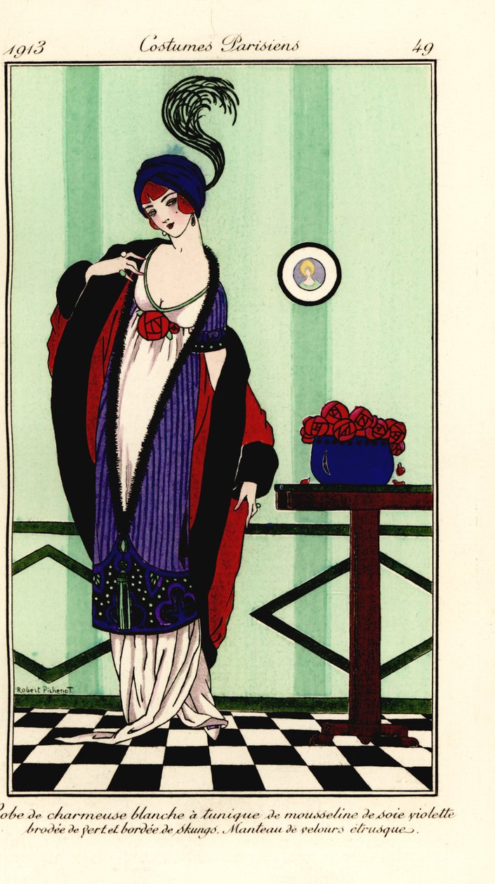 Woman in white charmeuse satin gown with violet chiffon tunic trimmed with skunk fur, cape of Etruscan velvet. Robe de charmeuse blanche a tunique de mousseline de soie violette brodee de vert et bordee de skungs, manteau de velours etrusque. Handcoloured  作者 罗伯特·皮切诺特