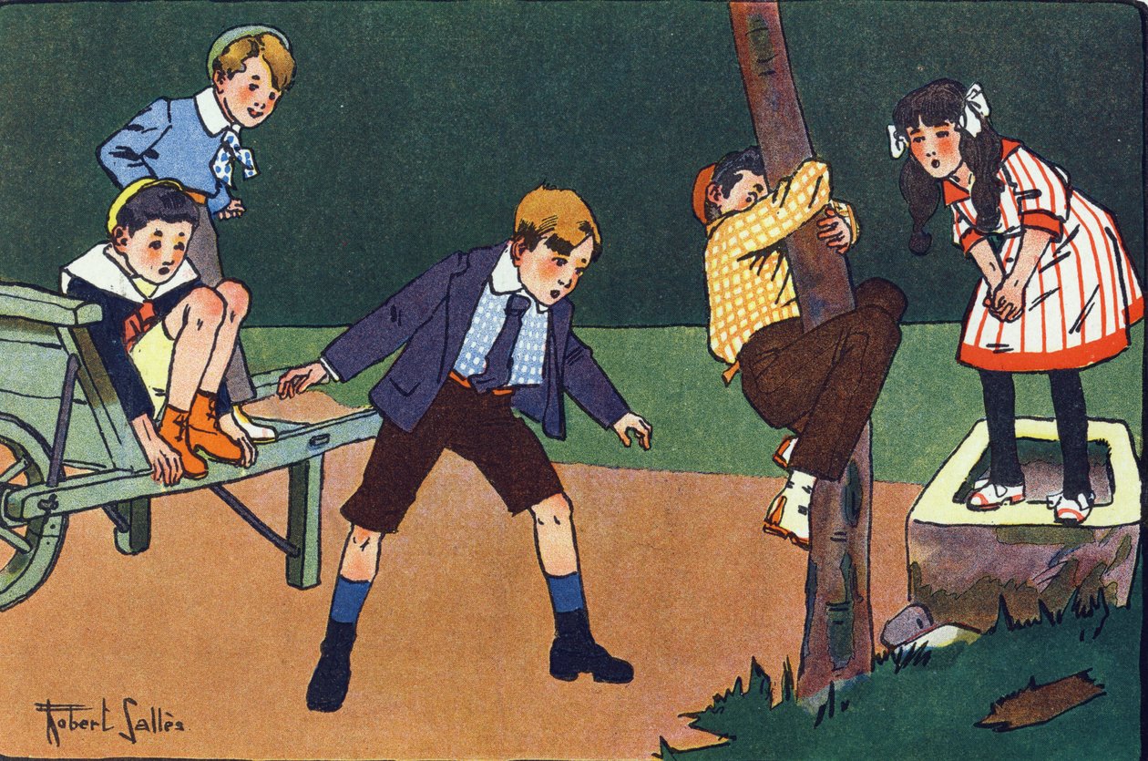 一只猫鲈。 刻在“”我们在玩什么？ “” 由 E. Weber 绘制，由 Robert Salles（1871-1929 年）绘制的水彩画。 巴黎 Garnier Freres 图书馆 作者 罗伯特·萨尔斯
