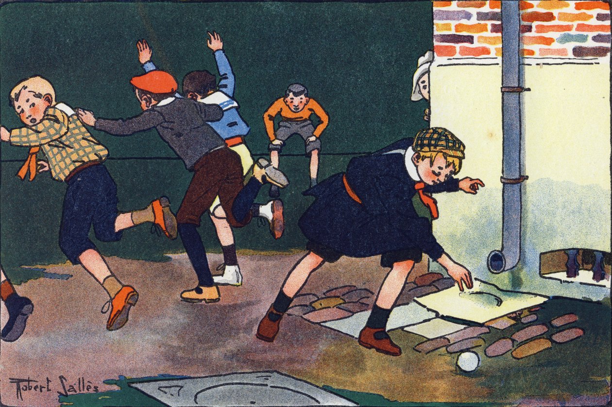 子弹打在墙上。 刻在“”我们在玩什么？ “” 由 E. Weber 绘制，罗伯特·塞勒斯（Robert Salles，1871-1929 年）的水彩画。 巴黎 Garnier Freres 图书馆 作者 罗伯特·萨尔斯