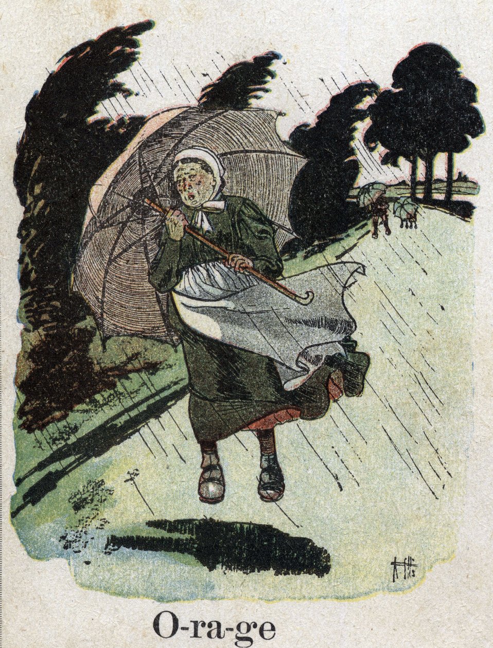 儿童读物《我会读书--一个爸爸的有条不紊的有趣的字母表》1926年。插图由罗伯特-萨勒斯（1871-1929）创作。"风暴"：雨中的女人用伞遮挡。 作者 罗伯特·萨尔斯