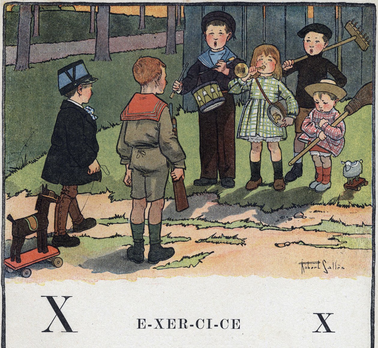 儿童读物《我会读书--一个爸爸的有条不紊的有趣的字母表》1926年。插图由罗伯特-萨勒斯（1871-1929）绘制。Abecedary：字母X作为练习。儿童玩军事游戏。 作者 罗伯特·萨尔斯