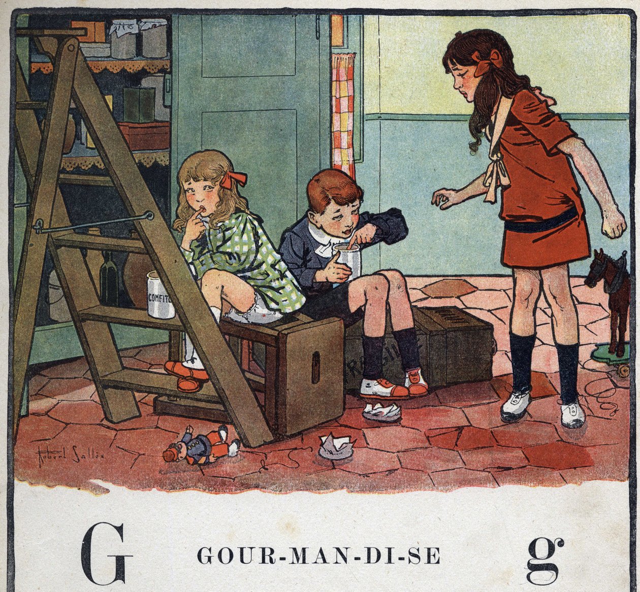 儿童读物《我会读书--一个爸爸的有条不紊的有趣的字母表》1926年。插图由罗伯特-萨勒斯（1871-1929）绘制。abecedary：字母G为Gourmandise。女孩和男孩在秘密吃蜜饯。 作者 罗伯特·萨尔斯