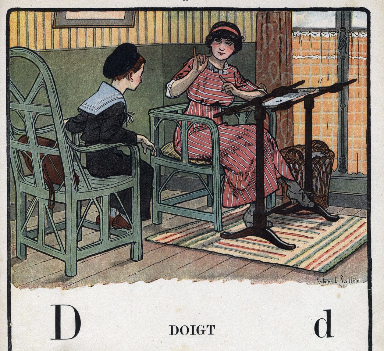 儿童读物《我会读书--一个爸爸的有条不紊的有趣的字母表》1926年。插图由罗伯特-萨勒斯（1871-1929）绘制。abecedary：字母D为Finger。一位母亲向她的儿子解释刺绣的内容。 作者 罗伯特·萨尔斯