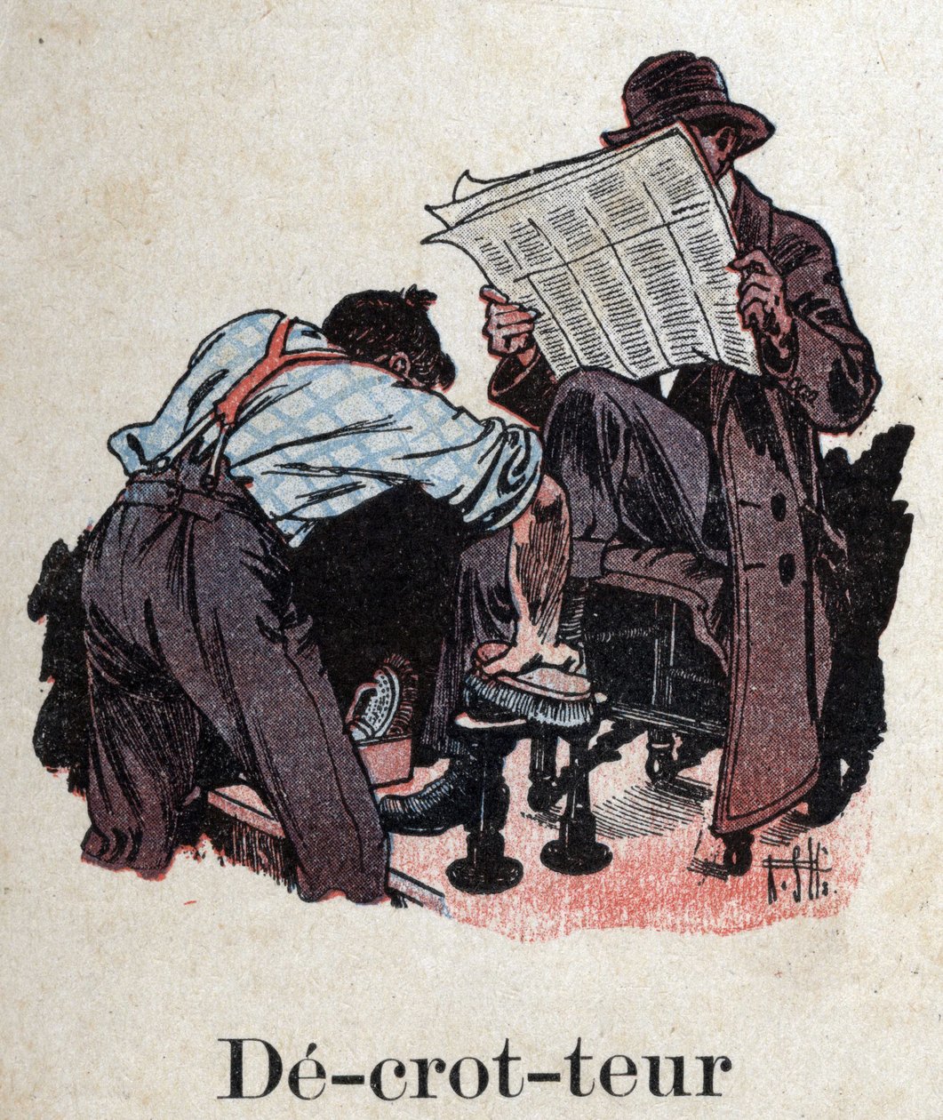 儿童读物《我会读书--一个爸爸的有条不紊的有趣的字母表》1926年。插图由罗伯特-萨勒斯（1871-1929）绘制。"Decrotteur"：擦鞋匠为阅读报纸的顾客清洁鞋子。 作者 罗伯特·萨尔斯
