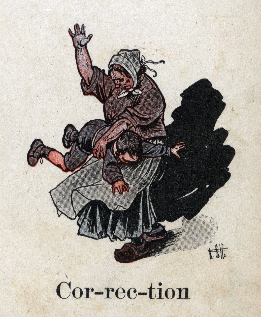 儿童读物《我会读书--一个爸爸的有条不紊的有趣的字母表》1926年。插图：罗伯特-萨勒斯（1871-1929）。"惩戒"。惩罚：一个母亲摊开她的孩子来惩罚他 作者 罗伯特·萨尔斯