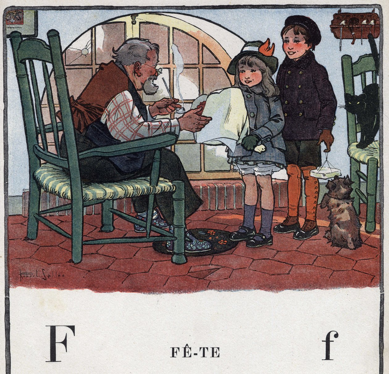 儿童读物《我会读书--一个爸爸的有条不紊的有趣的字母表》1926年。插图由罗伯特-萨勒斯（1871-1929）绘制。Abecedaire：字母F为Fete。一个女孩和一个男孩为他们祖父的聚会提供礼物。 作者 罗伯特·萨尔斯