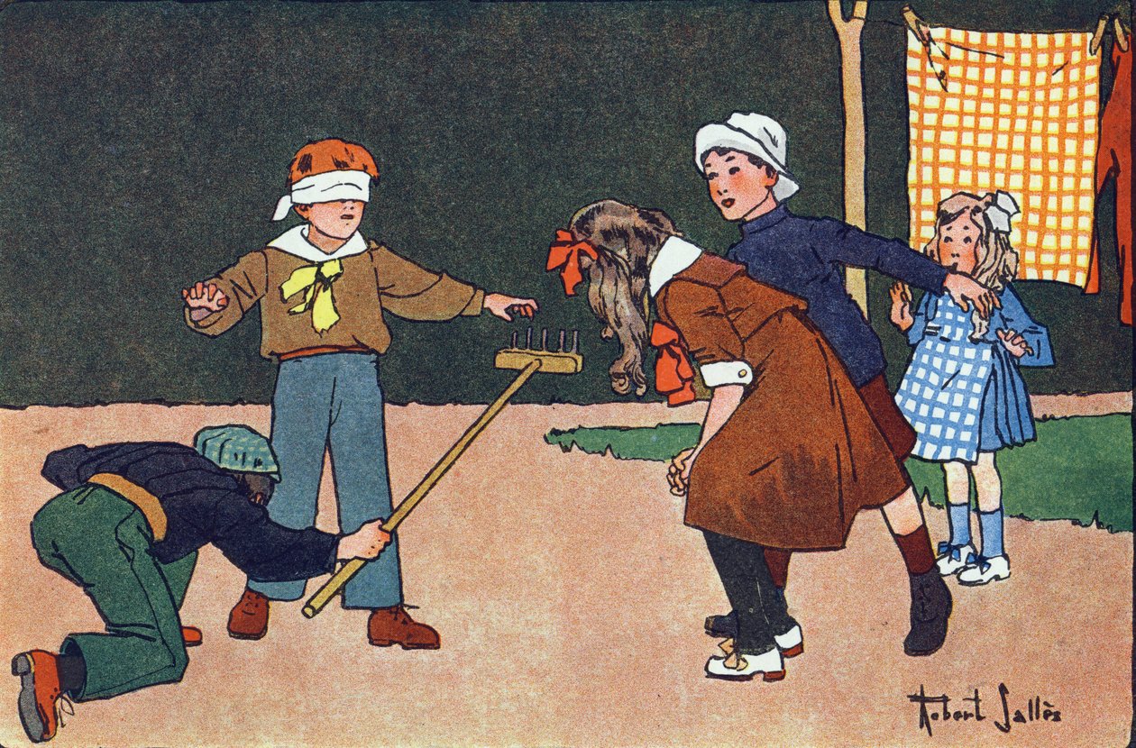 科林美拉德 (colin-maillard)。 刻在“”我们在玩什么？ “” 由 E. Weber 绘制，由 Robert Salles（1871-1929 年）绘制的水彩画。 巴黎 Garnier Freres 图书馆 作者 罗伯特·萨尔斯
