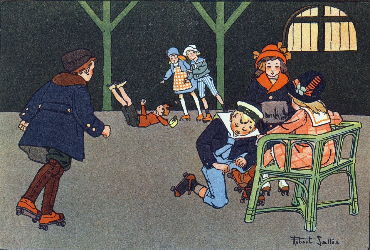 轮滑。 刻在“”我们在玩什么？ “” 由 E. Weber 绘制，由 Robert Salles（1871-1929 年）绘制的水彩画。 巴黎 Garnier Freres 图书馆 作者 罗伯特·萨尔斯