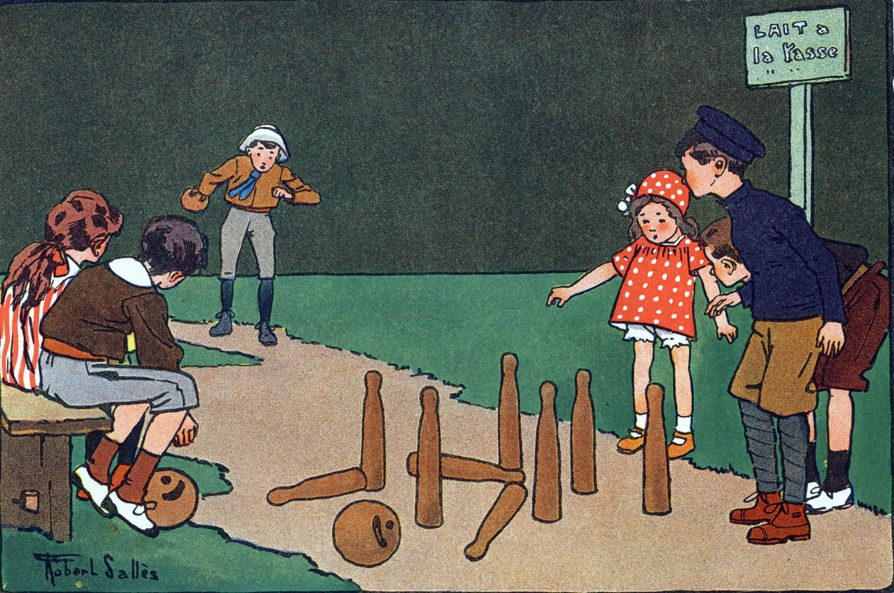 保龄球馆。 刻在“”我们在玩什么？ “” 由 E. Weber 绘制，罗伯特·塞勒斯（Robert Salles，1871-1929 年）的水彩画。 巴黎 Garnier Freres 图书馆 作者 罗伯特·萨尔斯
