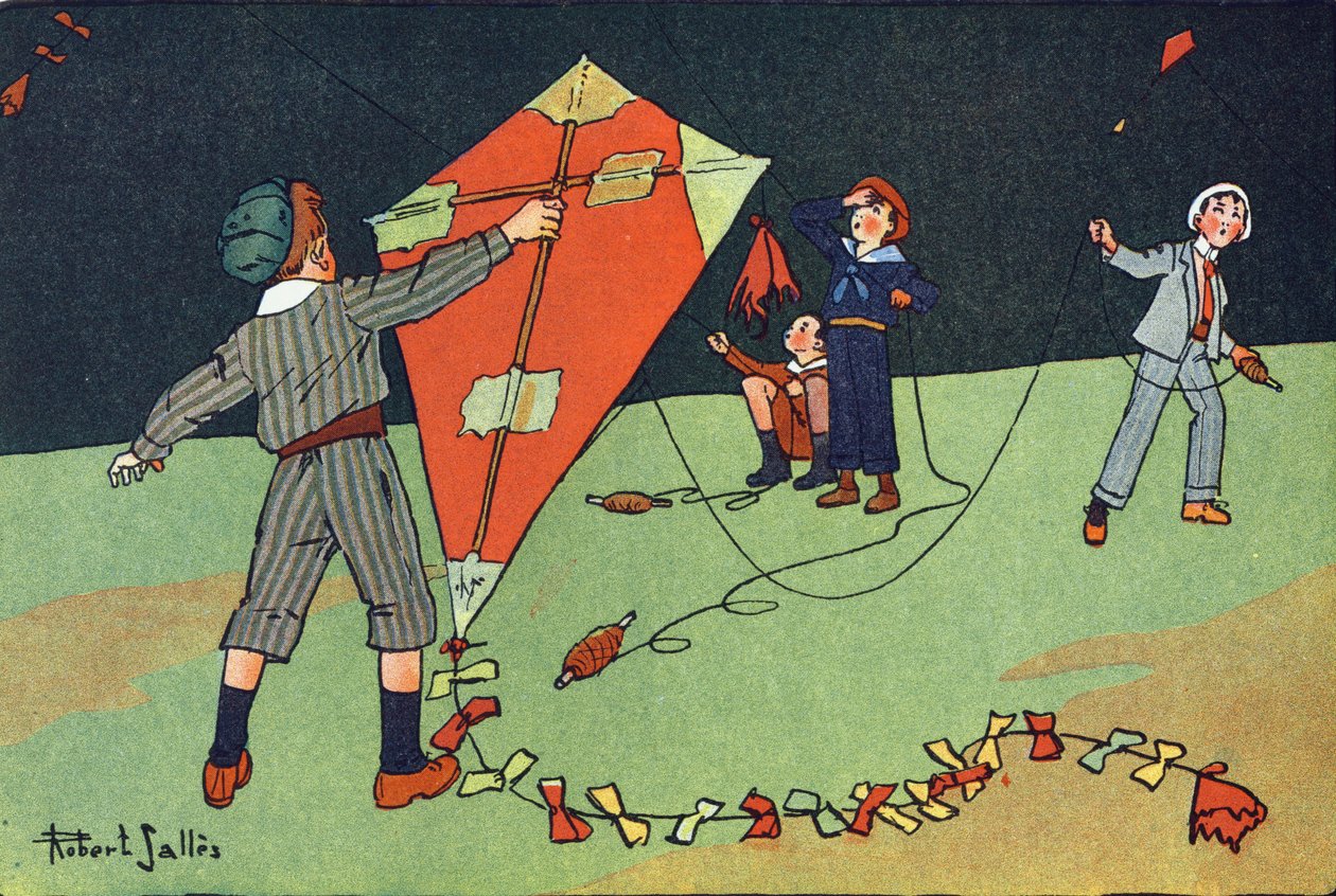 放风筝。 刻在“”我们在玩什么？ “” 由 E. Weber 绘制，由 Robert Salles（1871-1929 年）绘制的水彩画。 巴黎 Garnier Freres 图书馆 作者 罗伯特·萨尔斯