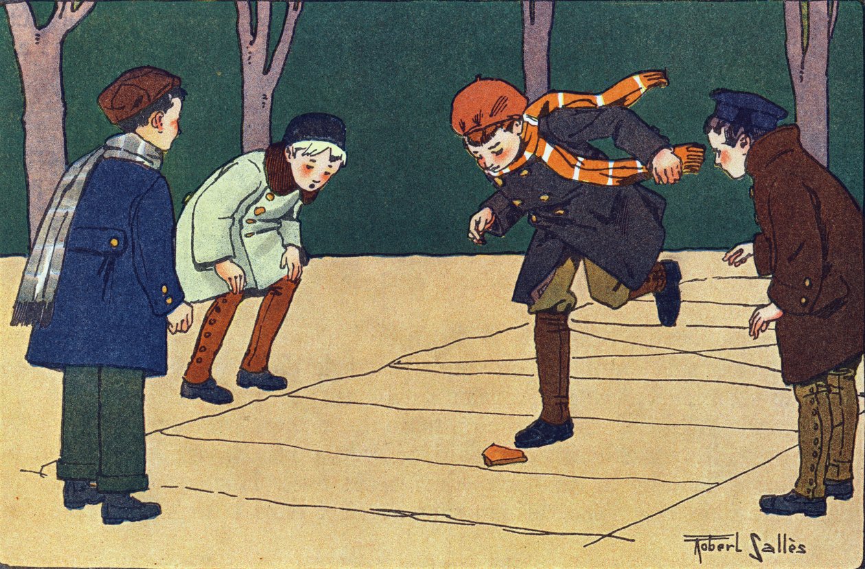 The marelle. Engraving in “” What are we playing? “” by E. Weber with watercolour drawings by Robert Salles (1871-1929). Librairie Garnier Freres, Paris 作者 罗伯特·萨尔斯