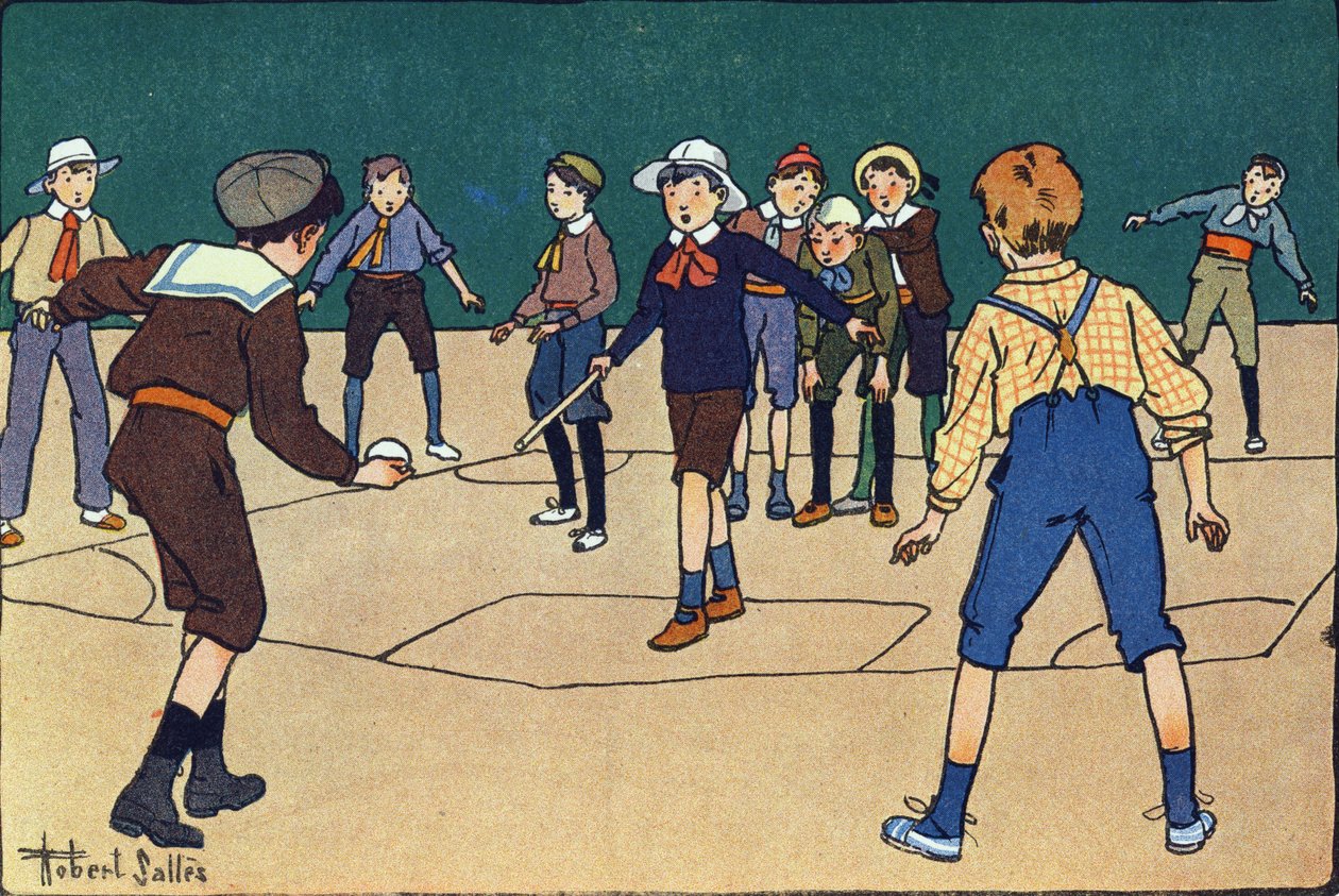Theque (team game with ball and stick). Engraving in “” What are we playing? “” by E. Weber with watercolour drawings by Robert Salles (1871-1929). Librairie Garnier Freres, Paris 作者 罗伯特·萨尔斯