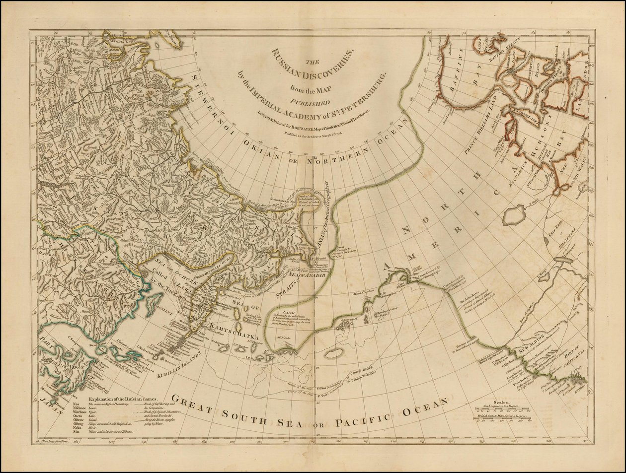 1775 年地图 - 俄罗斯发现，摘自圣彼得堡帝国学院出版的地图 作者 罗伯特·塞耶