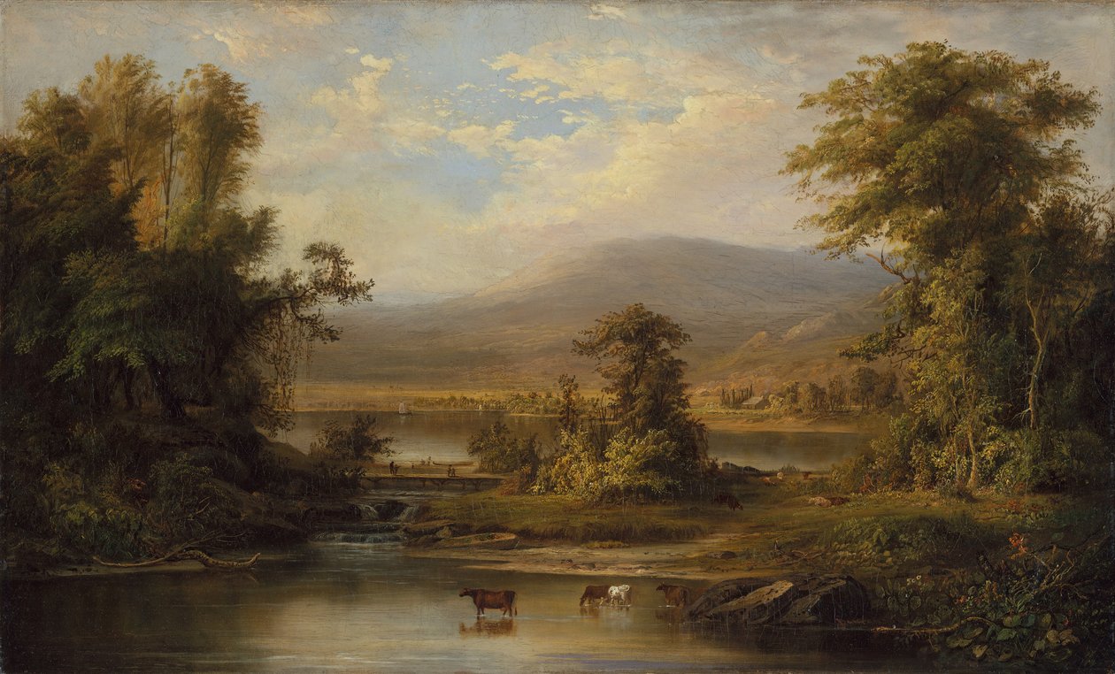 牛在溪水中饮水的风景，1871年。 作者 罗伯特·塞尔登·邓肯森