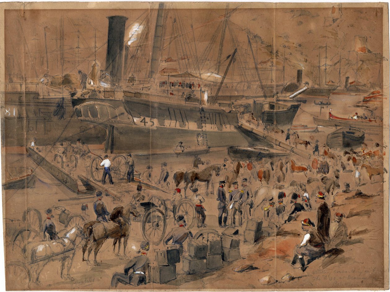 1856年5月在巴拉克拉瓦的阿尔戈号上登船的炮兵--阿尔戈号上登船的炮兵。巴拉克拉瓦，1856年5月 by Landells, Robert Thomas (1833-1877) 作者 罗伯特·托马斯·兰德尔斯