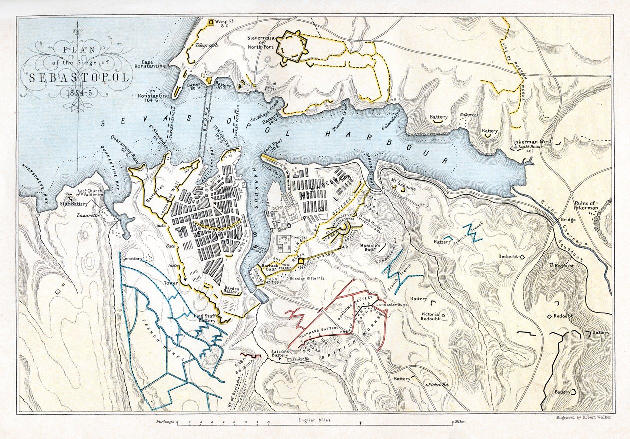 地图显示塞瓦斯托波尔的围困，克里米亚战争，1854-1855年，1893年。 作者 罗伯特沃克