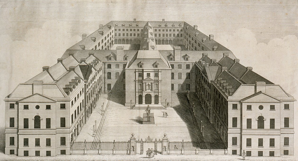 Southwark的Guys医院的鸟瞰图，庭院中的数字，由William Henry Toms雕刻，c.1756 作者 罗伯特·韦斯特