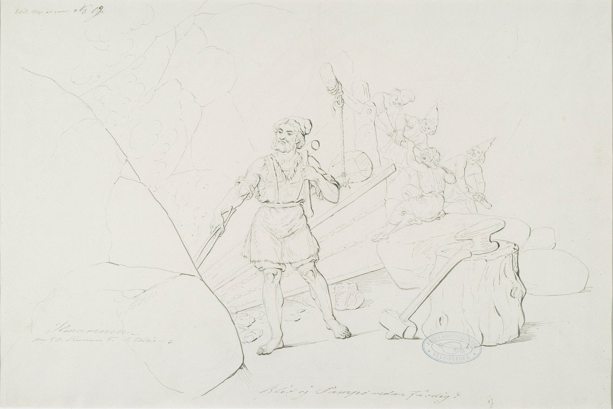 Ilmarinen takoo sampoa ; Originaalipiirustus piirrossarjaan "Kalewala，芬兰民族诗歌，以 R.W.Ekman 的图画呈现" 作者 罗伯特·威廉·埃克曼