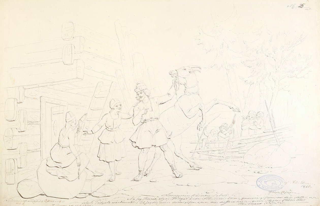 Lemminkäinen 和 Hiiden Hirvi；"Kalewala, Finsk National-dikt, framställd i teckningar af R.W.Ekman" 系列原画 作者 罗伯特·威廉·埃克曼