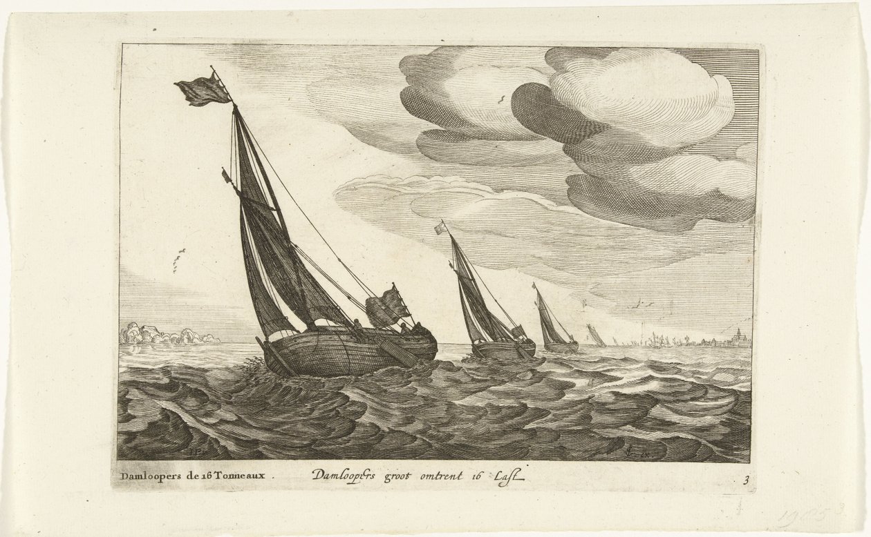 缆车
Damloopers groot omtrent 16 Last / Damloopers de 16 Tonneaux（物上标题）
荷兰船型，1627 年（系列标题）
Diverse Navires Don ton se sert dans les Provinces Unies / Icones Variarum Navium Hollandicarum quarum usus maximè in a 作者 罗伯特·德·鲍杜斯（可能）
