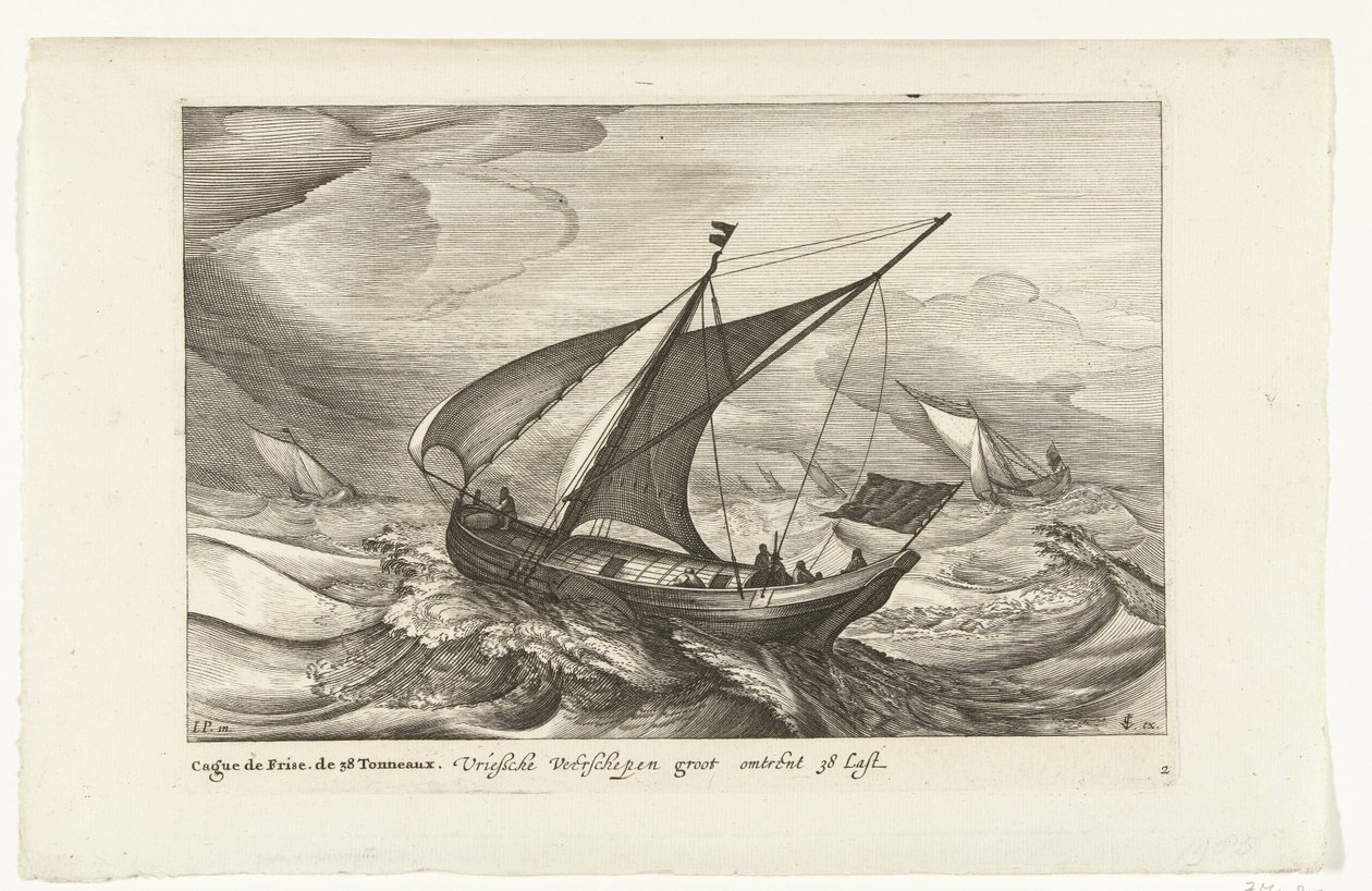 弗里斯兰渡轮
Vriesche Veerschepen groot omtrent 38 Last / Cague de Frise.De 38 Tonneaux（物上标题）
荷兰船型，1627 年（系列标题）
Diverse Navires Don ton se sert dans les Provinces Unies / Icones Variarum Navium Hollandicarum 作者 罗伯特·德·鲍杜斯（可能）