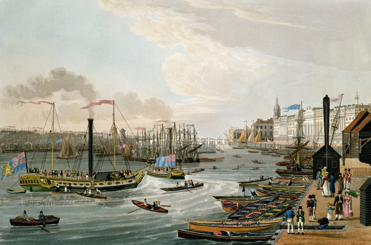 伦敦桥和海关大楼，与马盖特蒸汽游艇，酒吧。 1820年由Colnaghi und Co.（彩色aquatint） 作者 老罗伯特·哈维尔和小罗伯特·哈维尔
