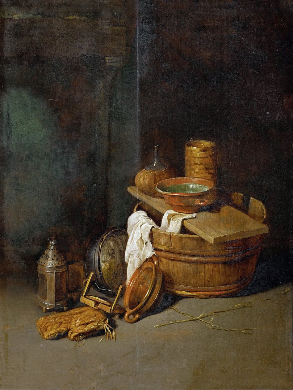带有家用器具的静物，由 Hoecke 和 Robert van den（1622-1668 年）绘制。 木头上的油 作者 罗伯特·范登·霍克