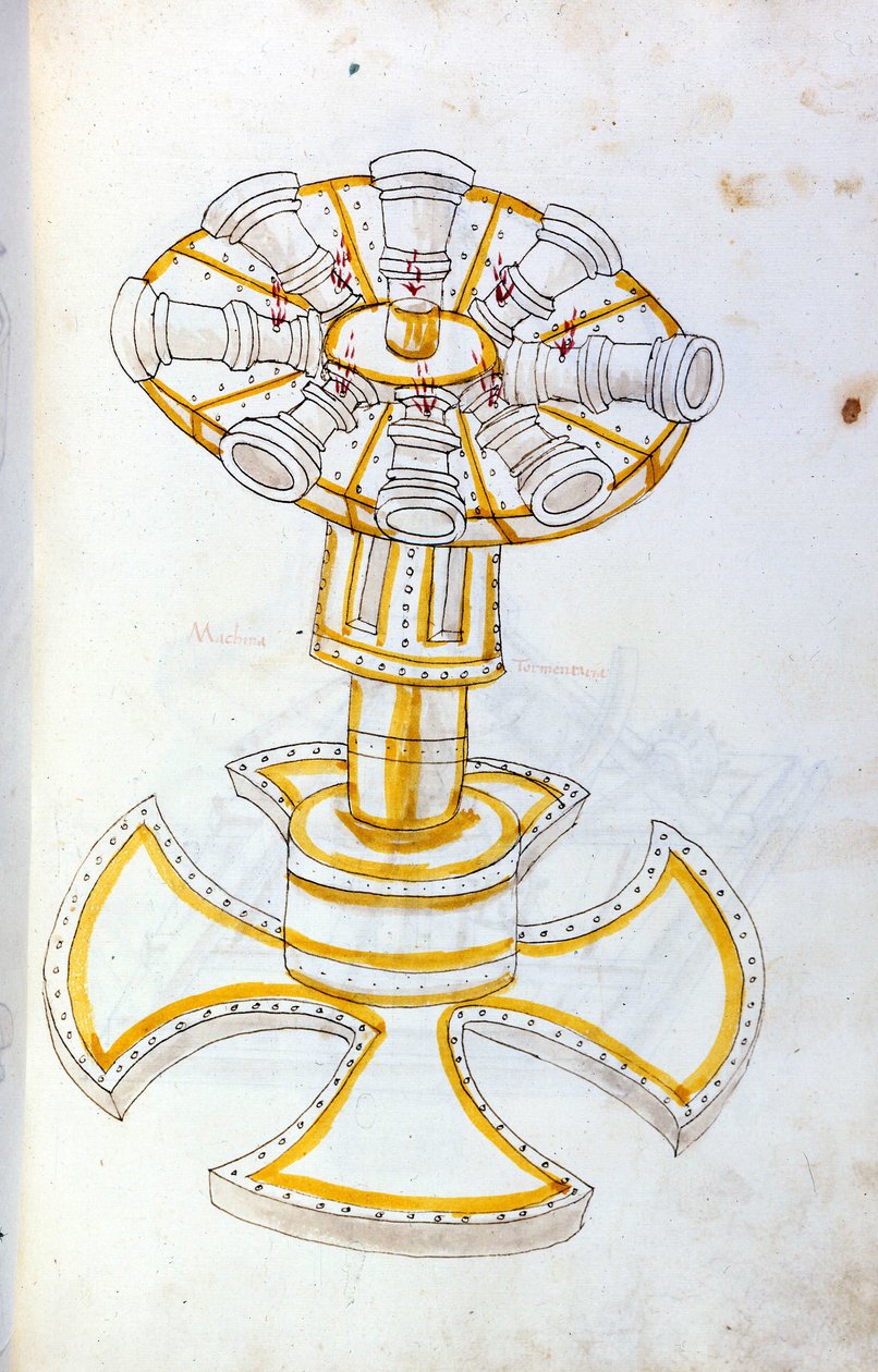 兵法：研究军事机器。 旋转桶，插图来自工程师 Roberto Valturio（1405-1483？）的“De re Militari” 作者 罗伯托·瓦尔图里奥