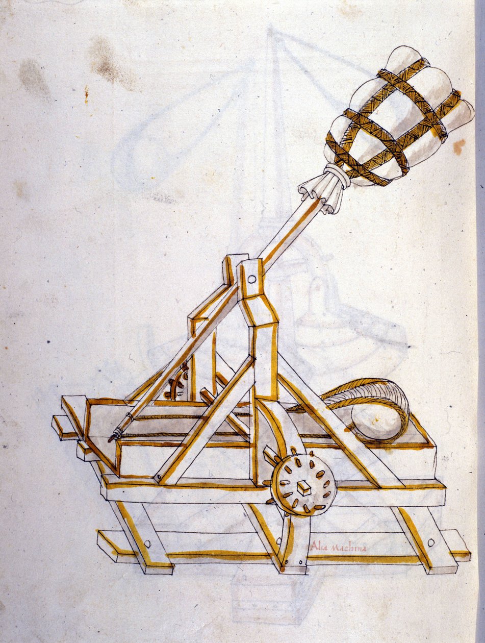 兵法：研究军事机器。 一个弹射器，来自工程师 Roberto Valturio（1405-1483？）的“De re Militari”插图 作者 罗伯托·瓦尔图里奥