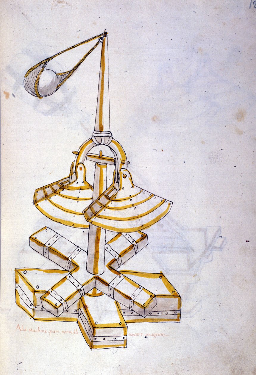 Art de la guerre: etude sur les machines militaires. une machine lance pierres tournante, illustration tiree de 