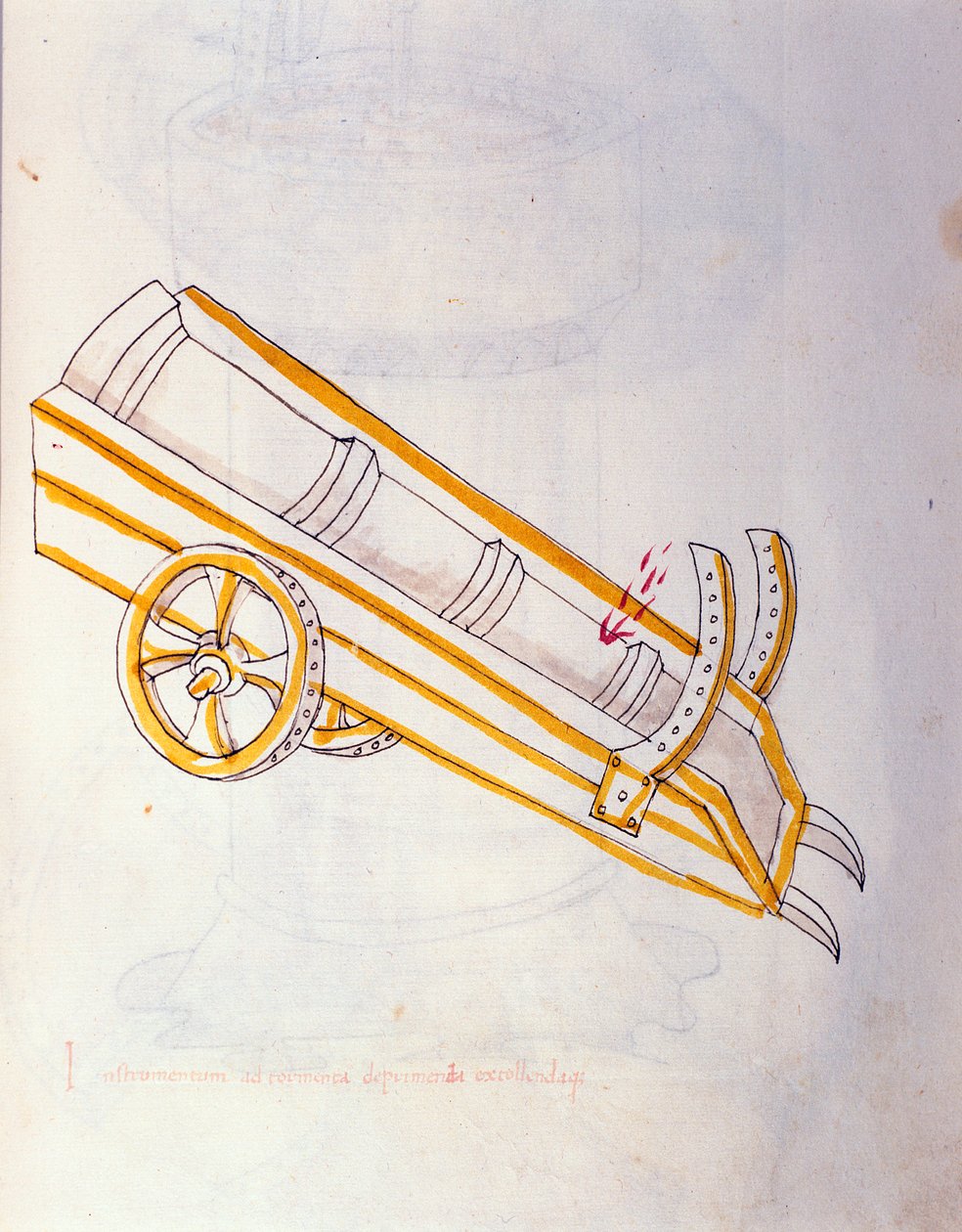Art of war: study on military machinery. Canon poses on his watch, illustration from 