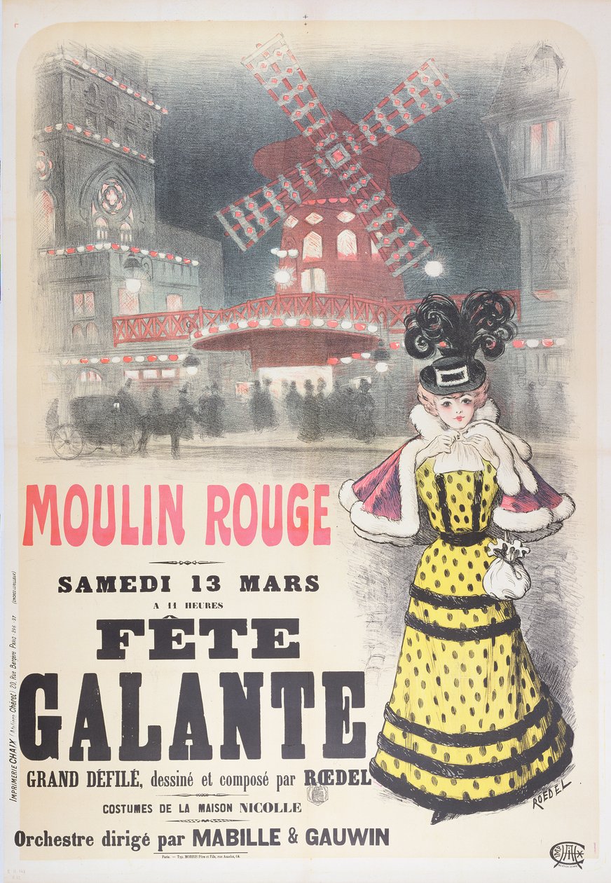 海报在巴黎蒙马特红磨坊宣传&39;Fete Galante&39;。 19世纪末 作者 罗德尔