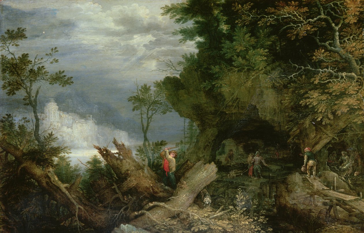 一个岩石景观与矿井入口 作者 罗兰特·雅各布斯（Roelandt Jacobsz）。储蓄