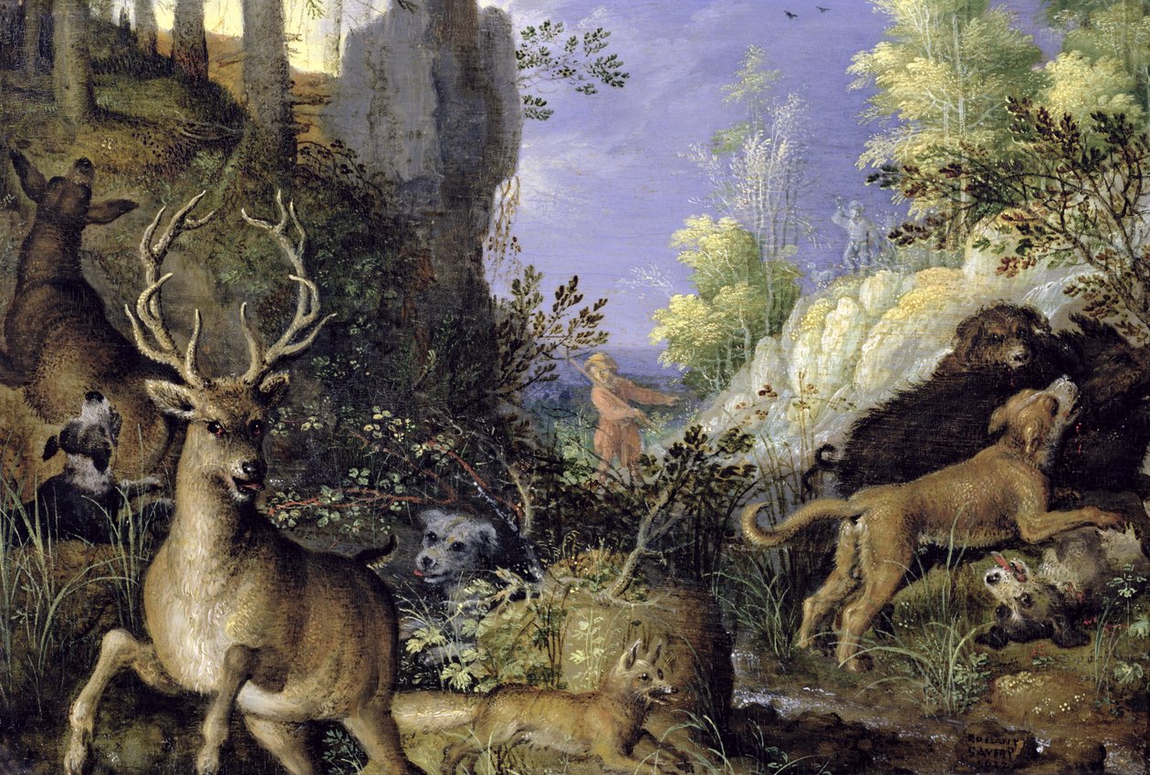 与猎人和动物的林地场景 作者 罗兰特·雅各布斯（Roelandt Jacobsz）。储蓄