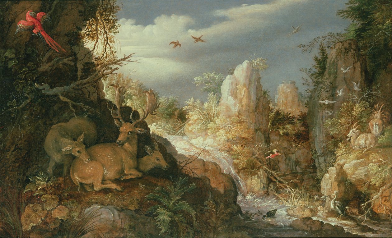 与鹿的山风景 作者 罗兰特·雅各布斯（Roelandt Jacobsz）。储蓄