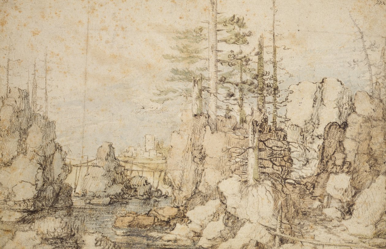 树木繁茂的岩石景观，c.1606-07（黑色和彩色粉笔和纸上卫生间） 作者 罗兰特·雅各布斯（Roelandt Jacobsz）。储蓄