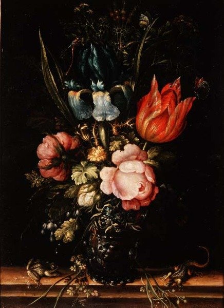 玫瑰、郁金香和其他花卉的静物画 作者 罗兰特·雅各布斯（Roelandt Jacobsz）。储蓄